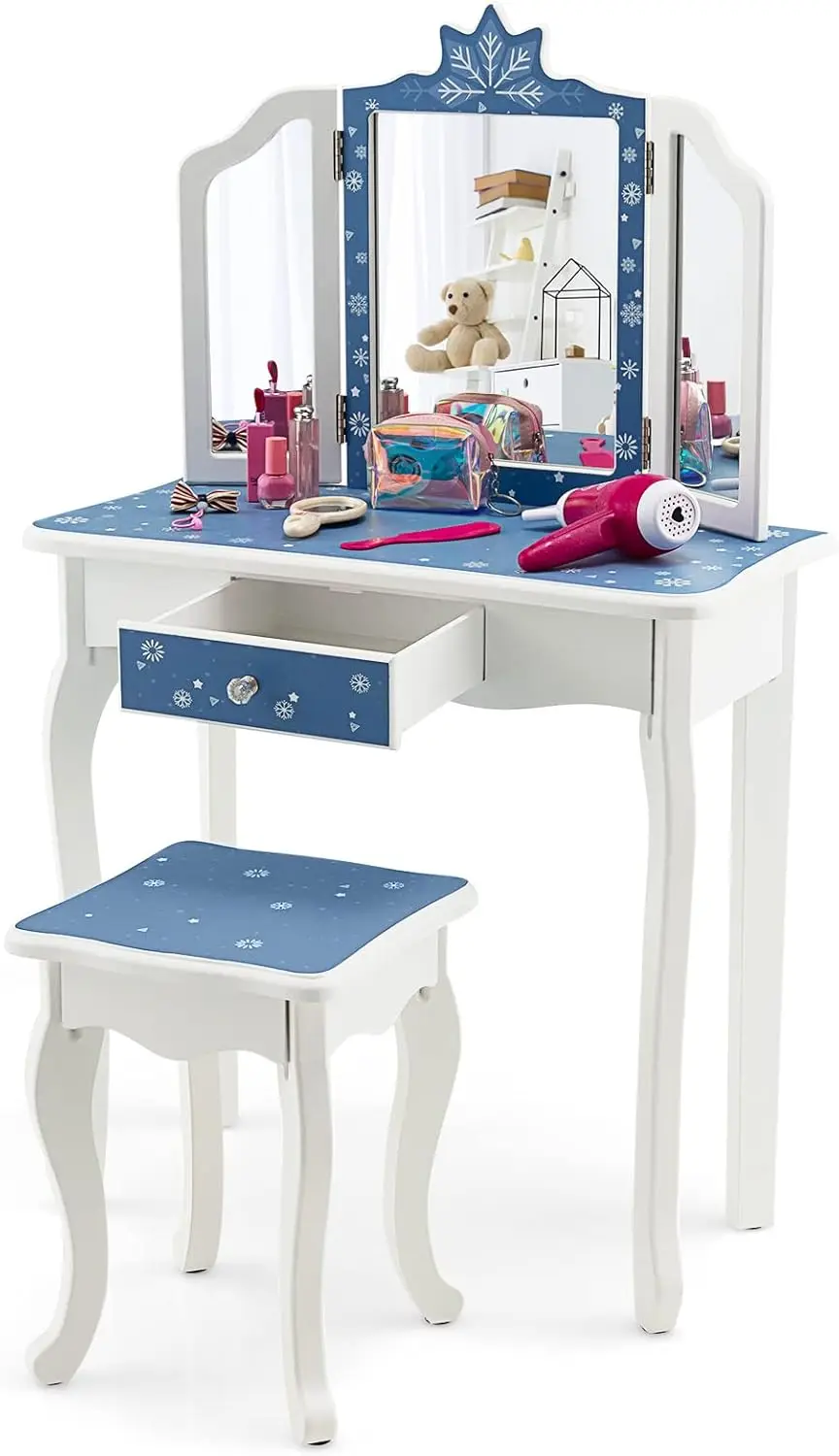 Honig Freude Kinder Eitelkeit, Schneeflocke Themen Prinzessin Make-up Eitelkeit Set für kleine Mädchen, Echtglas Tri-Falt spiegel, Schlafzimmer