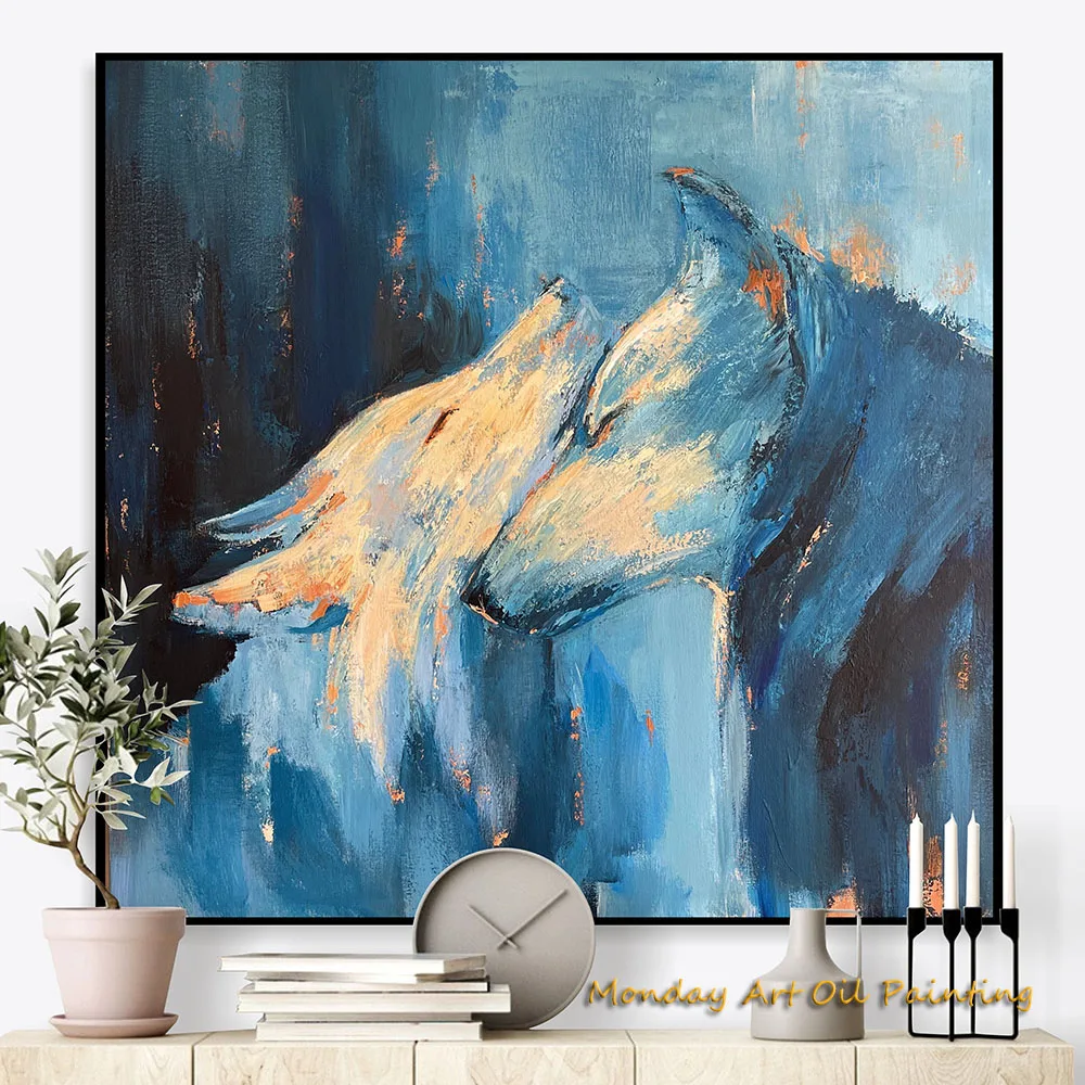 Hand Painted Expressive Wolf Artwork Modern Wildlife Themed Wall Nature Beauty Art Animal Blue And Orange Palette Wilderness