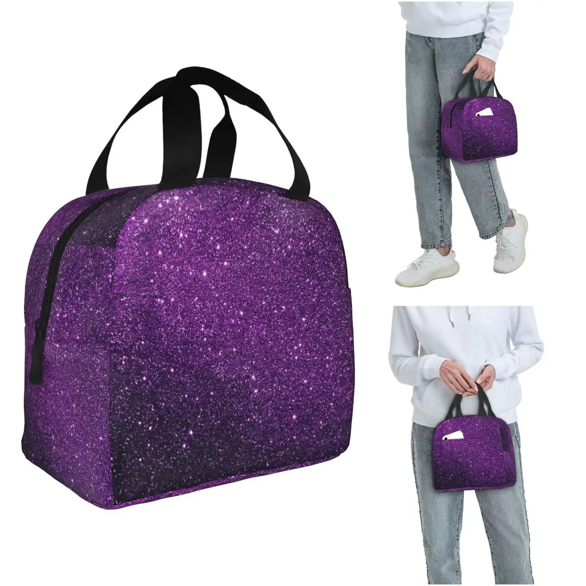Gradient Purple Glitter Pattern Insulated Lunch Bag for Women Children Leakproof Food Boxes Thermal Lunch Box Tote