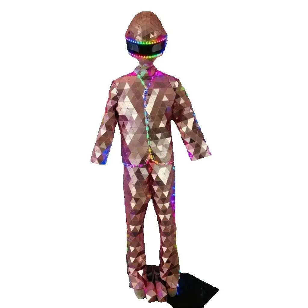 

Светодиодный диско-вечеринка, зеркальный мужской костюм, серебряный/золотой костюм ручной работы с подсветкой всего тела для Хэллоуина, сценического шоу, маска для выступления