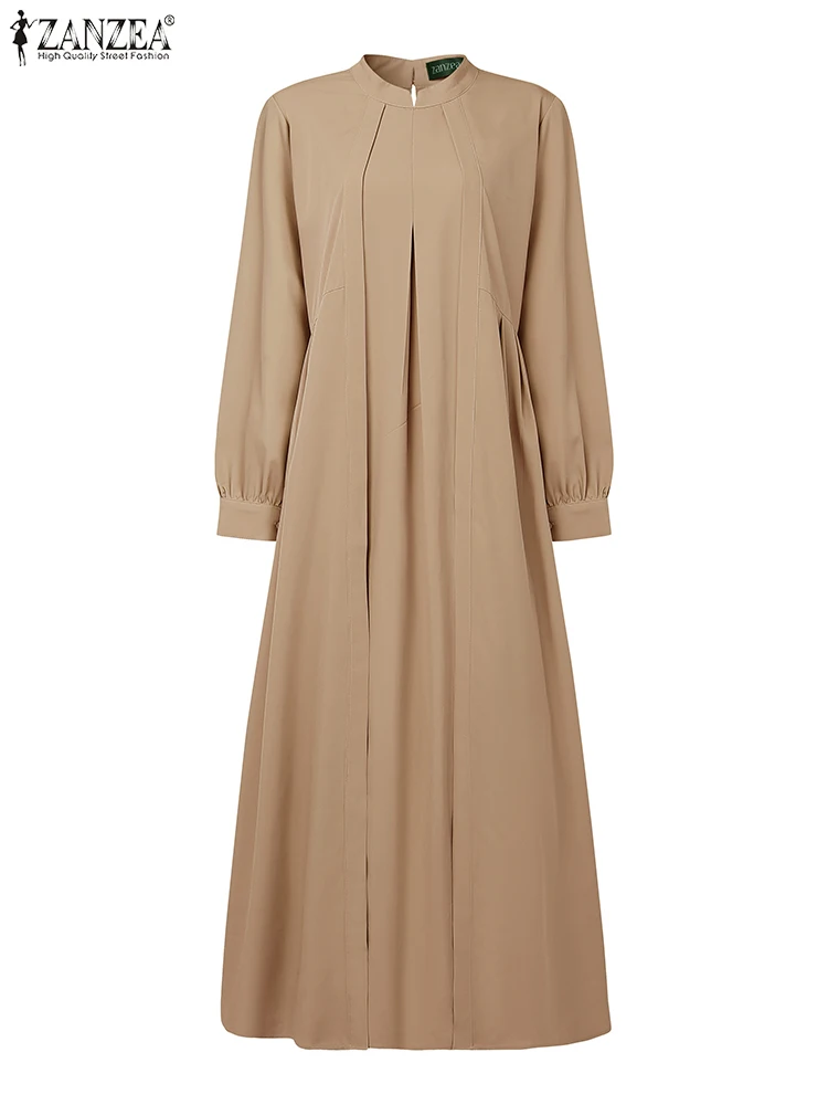 

Fashion Muslim Abaya Hijab Dresses 2025 ZANZEA Women Elegant Long Sleeve Solid Pleated Sundress Maxi Robe Femme IsIamic Clothing