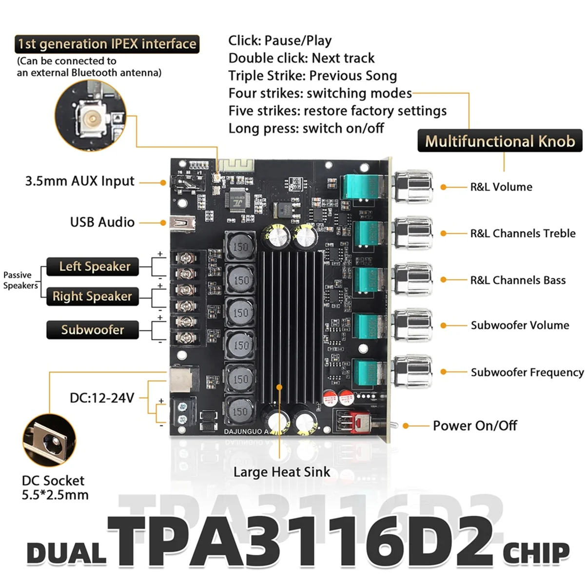 كفاءة DAJUNGUO ZK-TB21 PRO 2.1 قناة 5.2 ستيريو بلوتوث مكبر للصوت المجلس