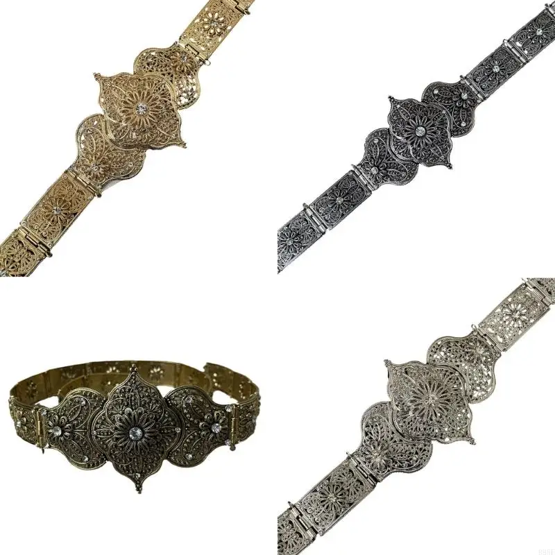 

B95F Traditional Waist Chain Carved Floral Charm for Ethnic Wedding Fashion Accessory