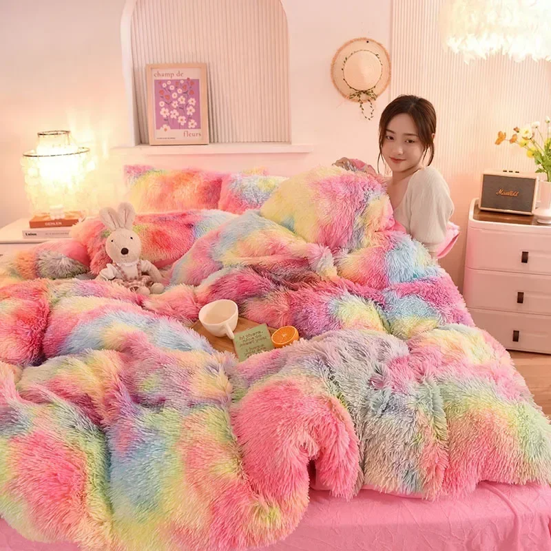 4Pcs Ultra Soft Plush Shaggy Duvet Cover with Pillowcases, Colorful Tie Dye Fluffy Velvet Bedding Set with Hidden Zipper Closure