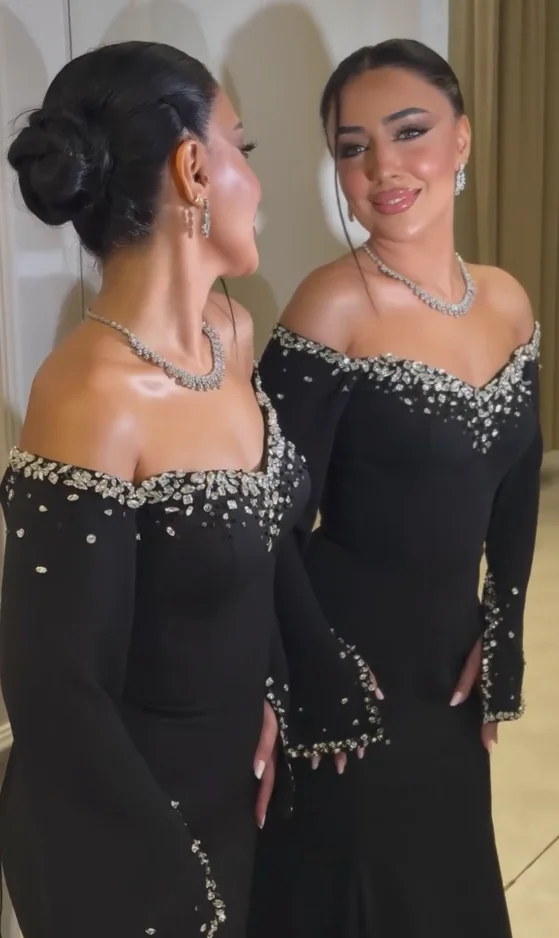 تخصيص مثير خارج على الكتف فستان حفلات المرأة مطرز أسود حفل زفاف مساء فستان الطابق طول فساتين المناسبات الخاصة #3