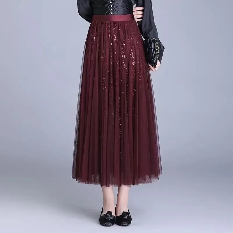 Maille paillettes Ankola rouge taille haute à la mode minceur mi-longue tempérament plissé tout Match demi-corps gaze jupe