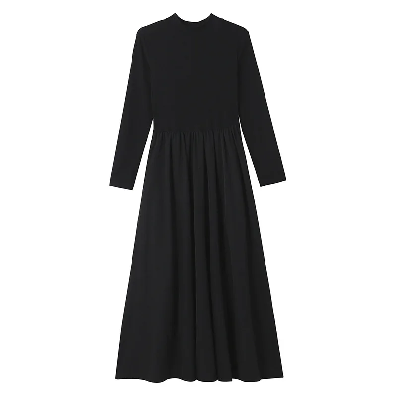 Elegant Hepburn Style Little Black Dress Midi Skirt French Style Inner Wear Polyester Fabric Long Sleeve High Collar Dress