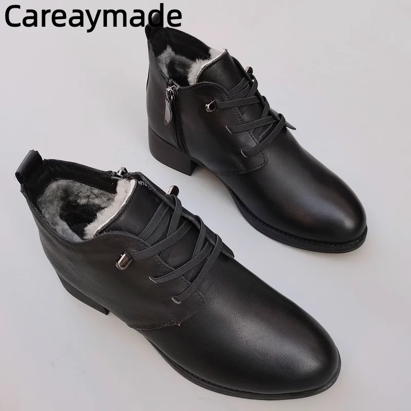 

Careaymade-100% Genuine leather wool women's shoes,pointed middle heel black fashion work shoes,warm fashion ankle short boots