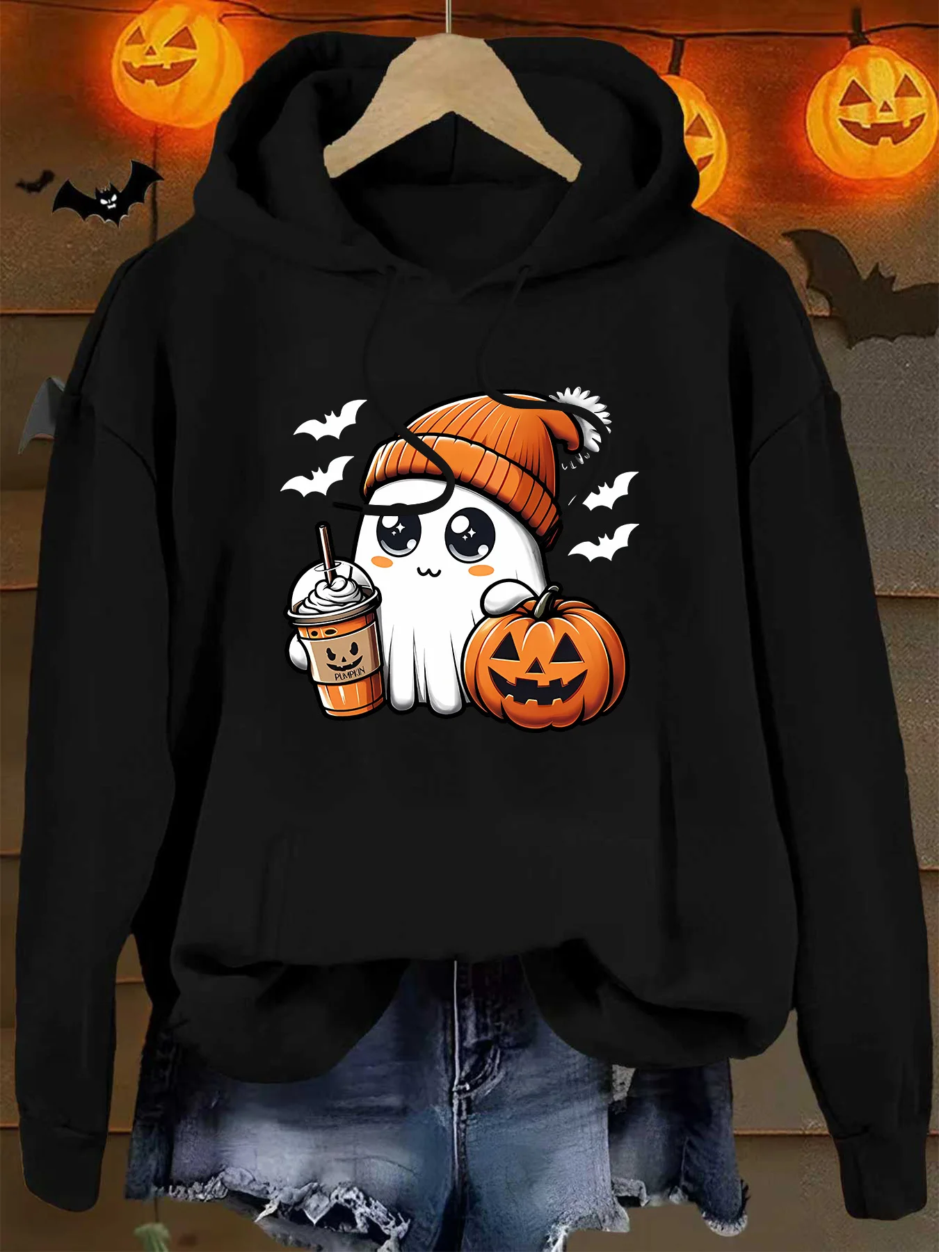 Women Simple Creative Halloween Print Hoodie Long Sleeve Casual Hooded Sweatshirt Fashion Streetwear Tops For Holiday