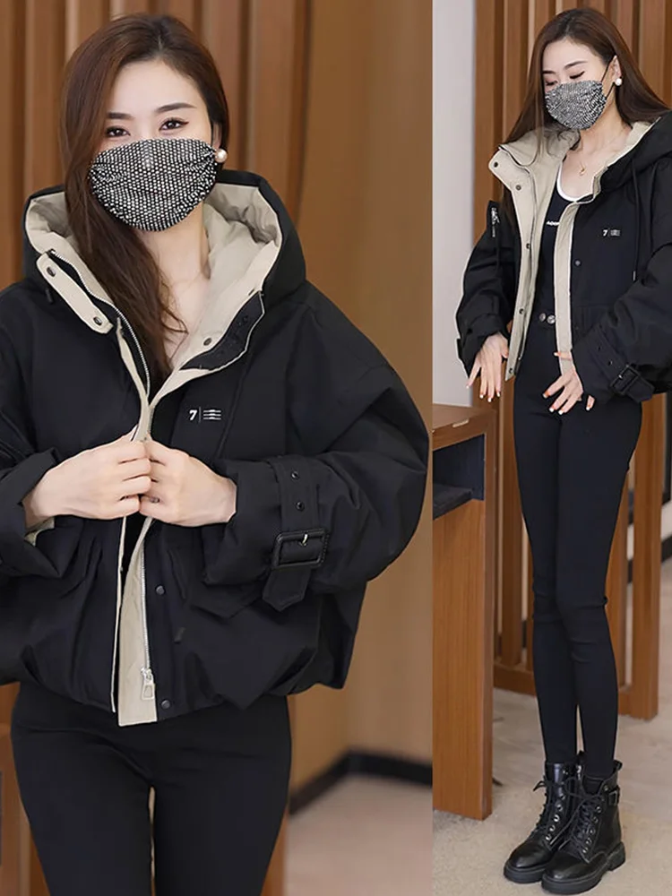 Women's Fleece Lined Cotton Parka Autumn Winter Thickened Casual Short Jacket Korean Style Loose Fit Hooded Zipper Closure
