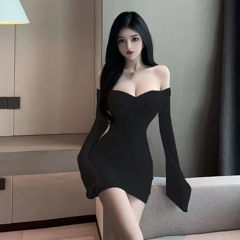 Summer New Sweet Girl Sexy Solid Color Versatile Low Neck Slim Trumpet Sleeve Long Sleeve Wrap Hip Dress Elegant For Women L3SA