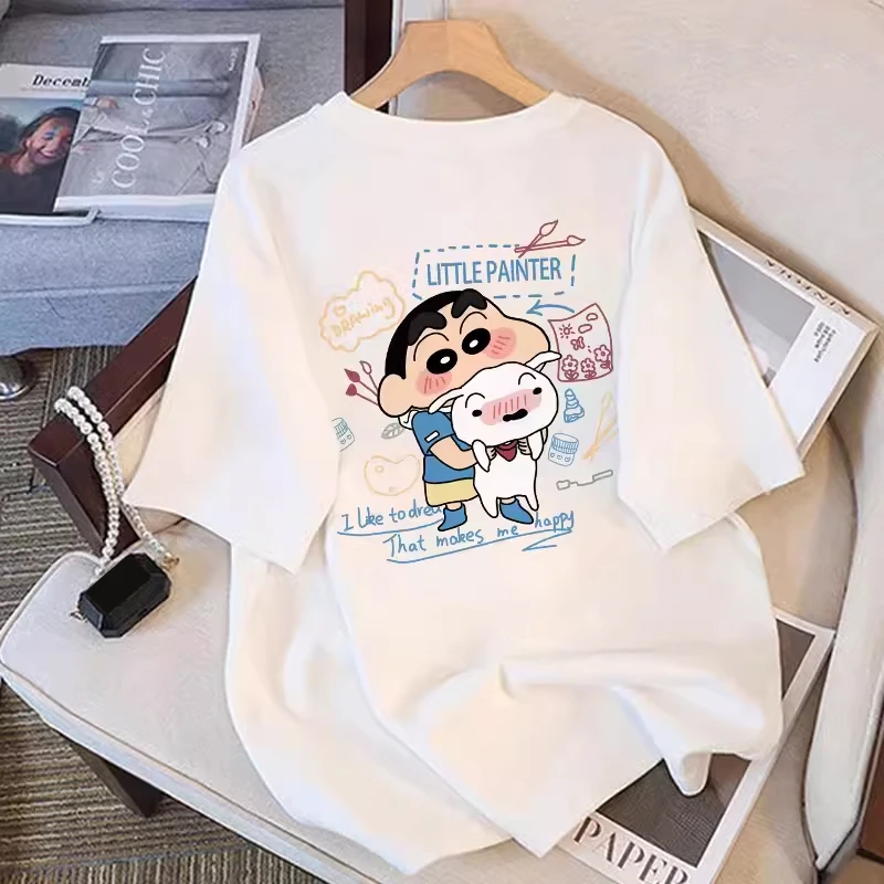 

Crayon Xiaoxin cartoon print white short-sleeved t-shirt women's pure cotton 2024 new summer cartoon print loose t-shirt top