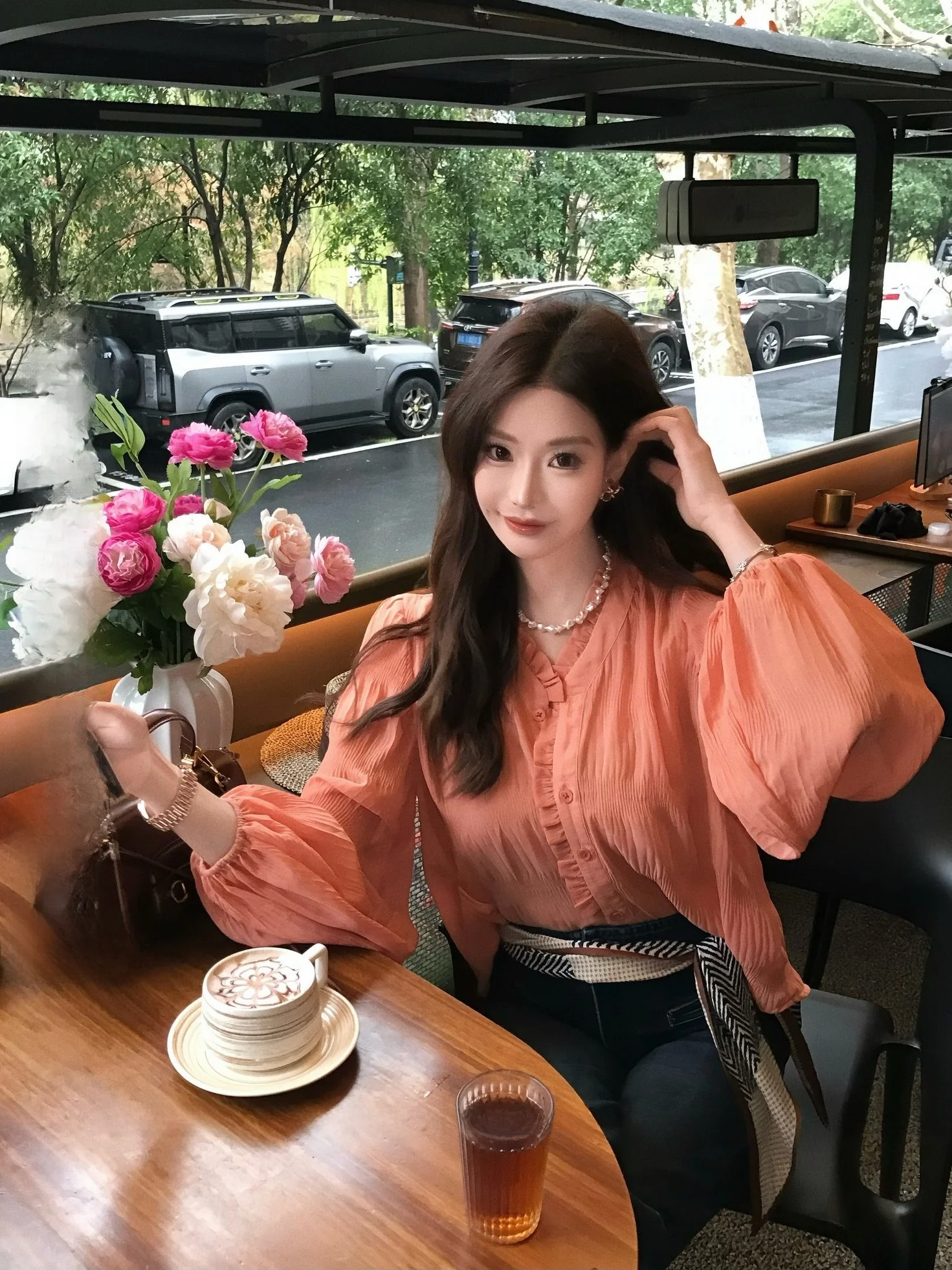 

New Dadada Gentle Orange Pink Bubble Shirt Women's Design Sensation High End Luxury Top Casual Style Slim Fit Polyester...