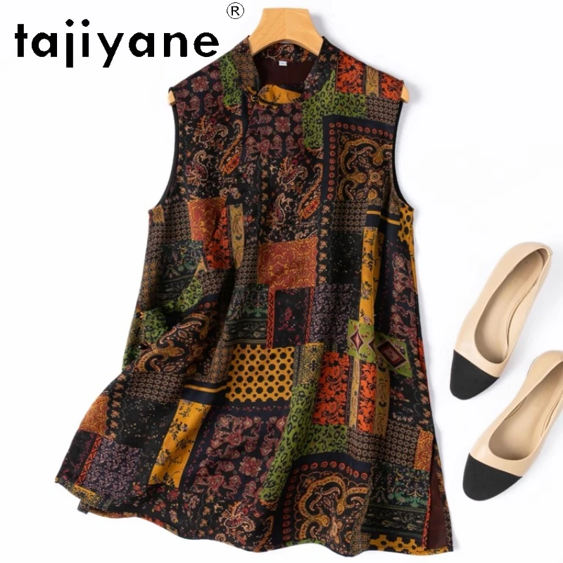 

TAJIYANE 100% Natural Mulberry Silk T Shirts Woman Vintage Printed T Shirt Sleeveless Summer Tops 2025 Ladies Clothes Футболка