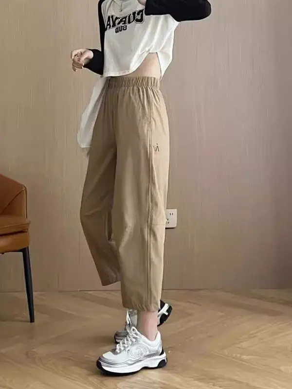 Pantalones deportivos Qui Dry Ice Silk Harem para mujer, pantalones finos de verano con cintura elástica, nueve puntos, adelgazantes, repollo, pantalones para papá mayor, para ir al trabajo