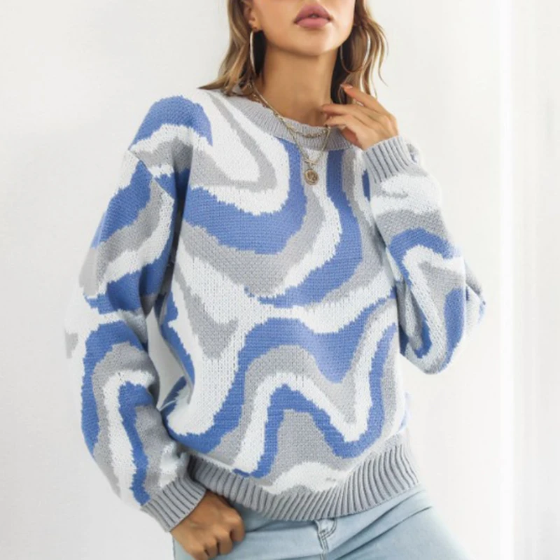 Tie-dyed Striped Knitted Sweater Women Autumn and Winter Long Sleeve Pullovers Sweaters O Neck Loose Vintage Warm Sweater 29385