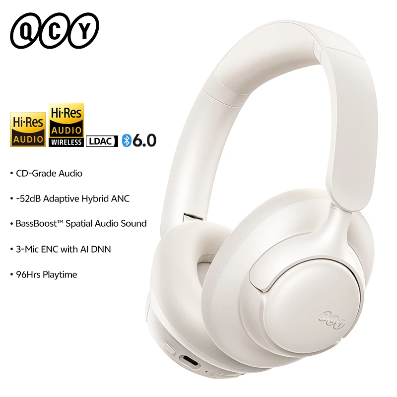 QCY H6Neo Draadloze Hoofdtelefoon 52dB Adaptieve Hybride ANC Bass Boost Headsets Hi-Res LDAC Bluetooth 6.0 Spatial Audio Hoofdtelefoon 96H