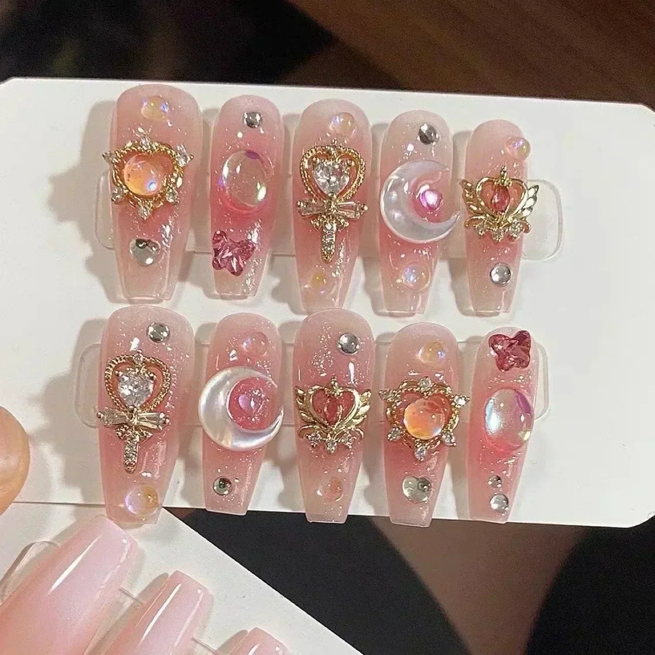 10Pcs Handmade Press On Nails Pink Fake Nails 3D Love Heart Moon Butterfly Rhinestone Design Y2k False Nail Full Cover Nail Tips