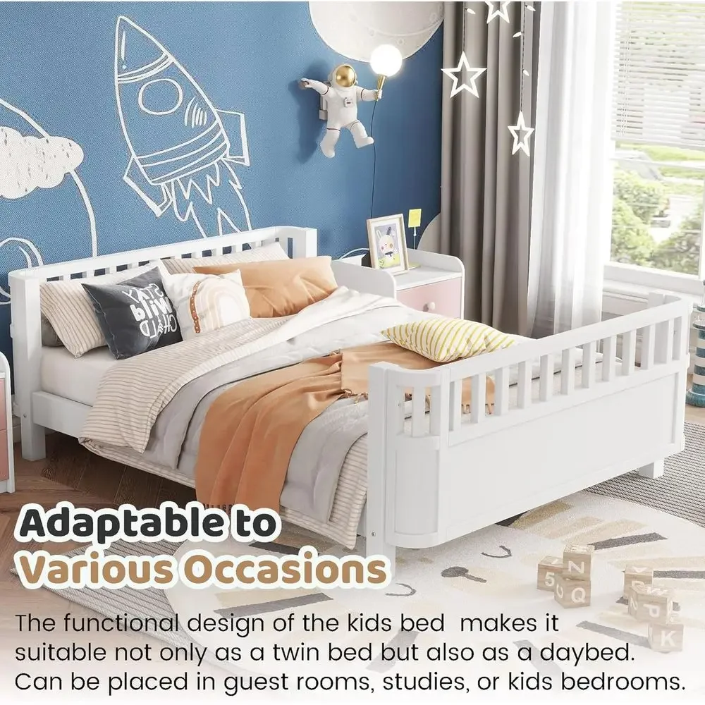 سرير أطفال مونتيسوري بالحجم الكامل مع قضبان، شرائح خشبية، سرير نهاري حديث منخفض للأولاد والبنات، أبيض #6