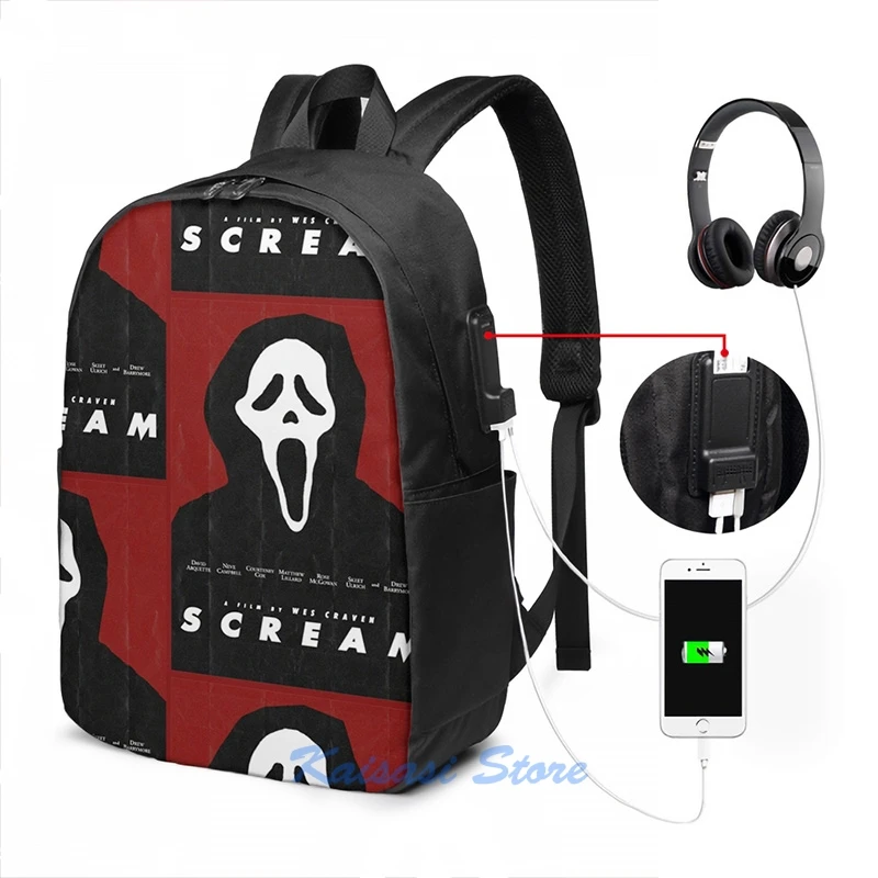 Funny Graphic print Ghostface USB Charge Backpack men School bags Women bag Travel laptop bag