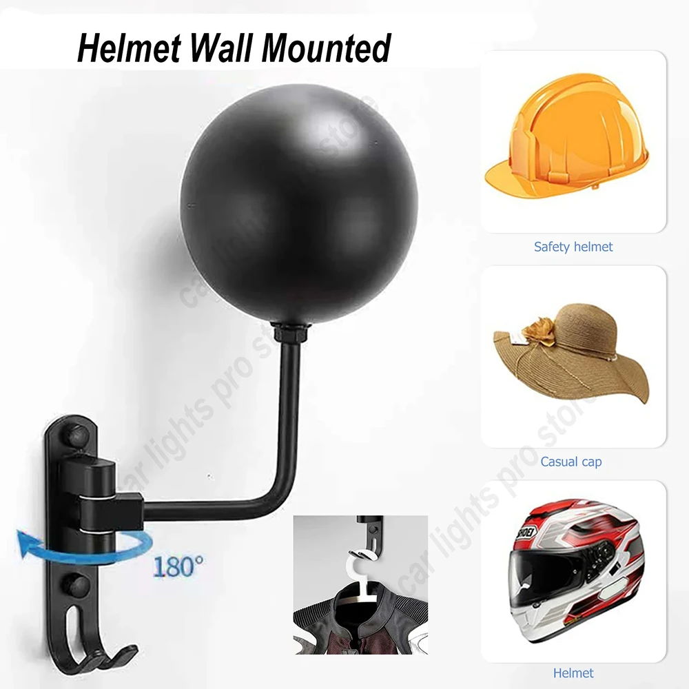 Motorcycle Helmet Wall Mounted Holder Coat Hats Display Rack 180° Rotation Keychain Bag Caps Jacket Storage Hanger