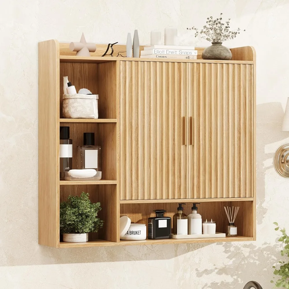 

Fluted Bathroom Wall Cabinet, Wooden Medicine Cabinet Organizer with 2 Doors and Adjustable Shelf, Over The Toilet Stora