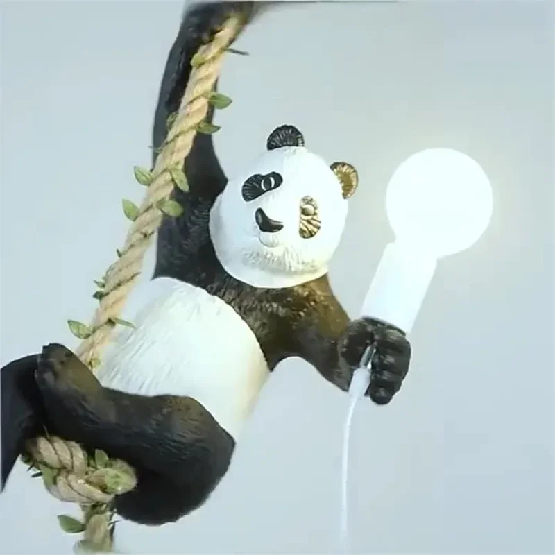Monkey Lamp Nordic Panda LED Pendant Hanging Lamp Resin Animal Hemp Rope Pendant Light Fixture for Study Kids Light Fixture