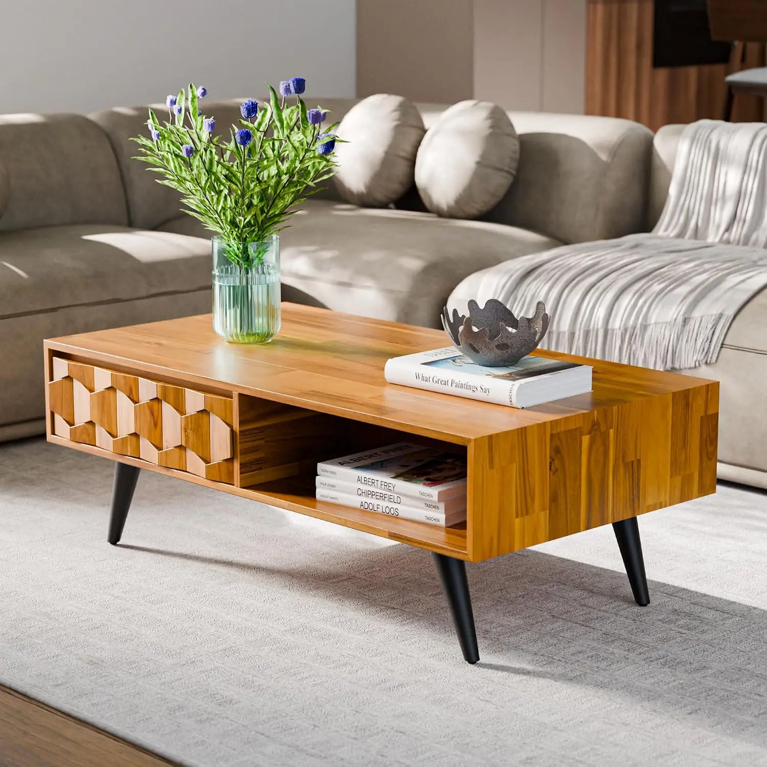 Teak Brown Hardwood Cocktail Table Two Drawers Open Shelves