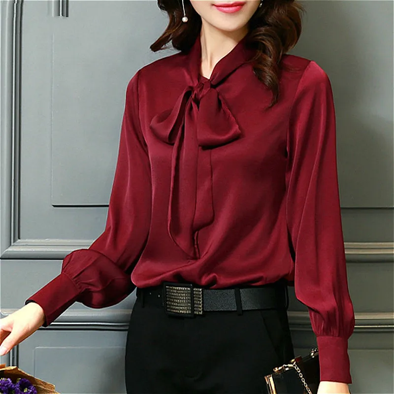 Fashion Solid Color Blouse 2024 Autumn Long Sleeve Bow Collar Office Lady Blouse Casual Women Tops Elegant Chiffon Shirt