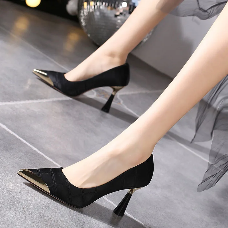 Woman High Heel Pumps Metal Pointed Stiletto Shallow Women's Gentle Black Green Shoes Spring/Autumn Sexy Zapatos Mujer De Vestir