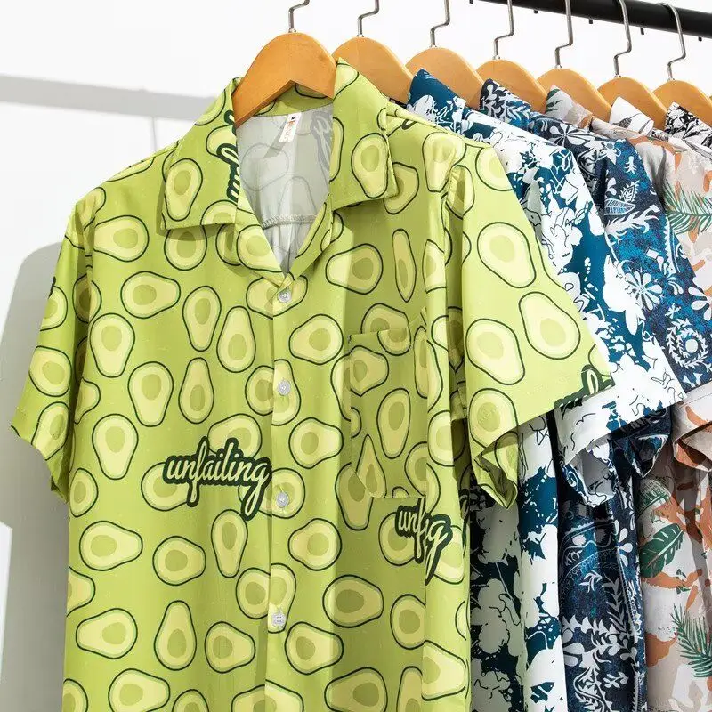 

Летняя мужская гавайская рубашка с принтом авокадо, модная, для пляжного отдыха, свободного кроя, из полиэстера, для пар
