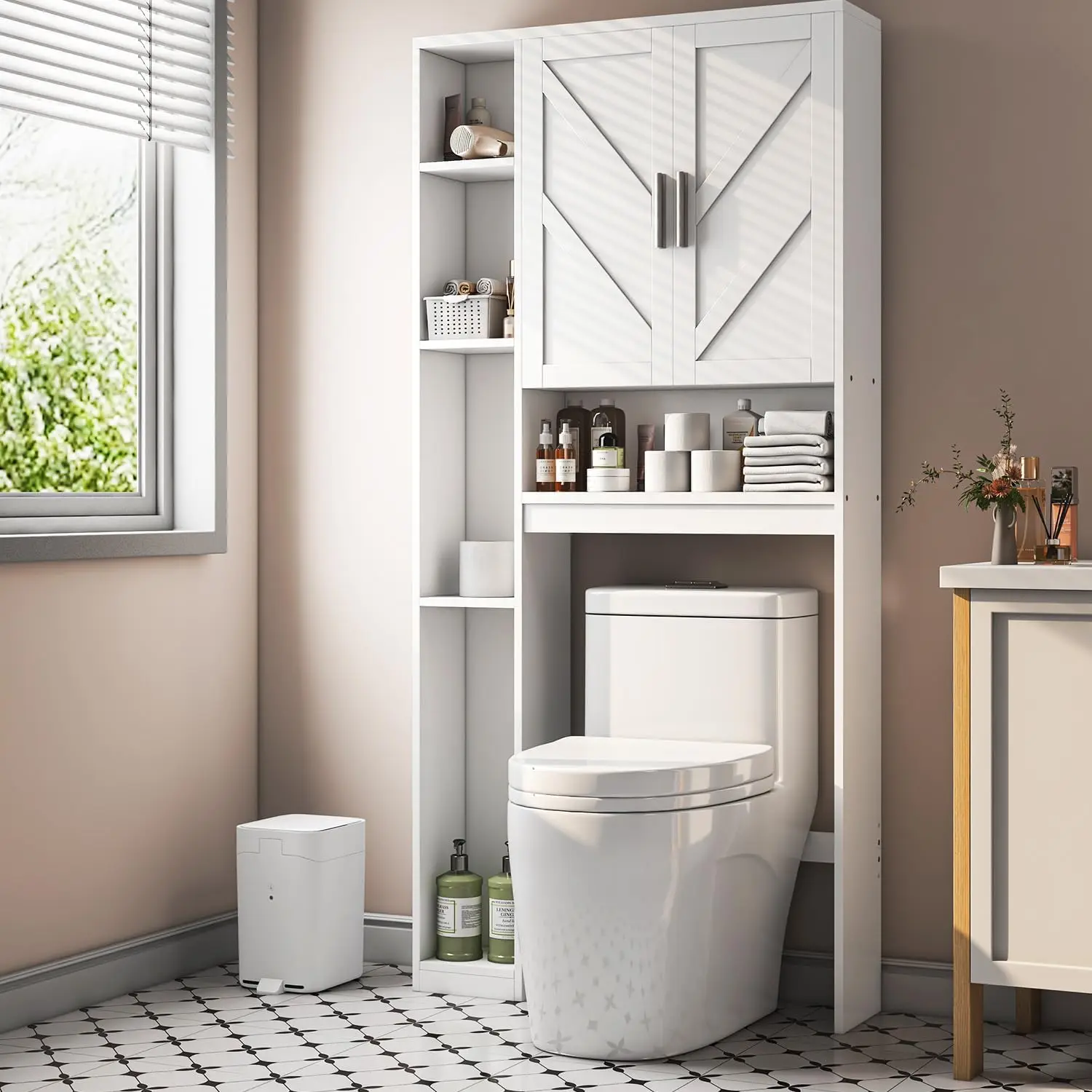 Over The Toilet Storage Cabinet with 7 Storage Shelves, Above Toilet Bathroom Organizer with Toilet Paper Holder Stand, Behind