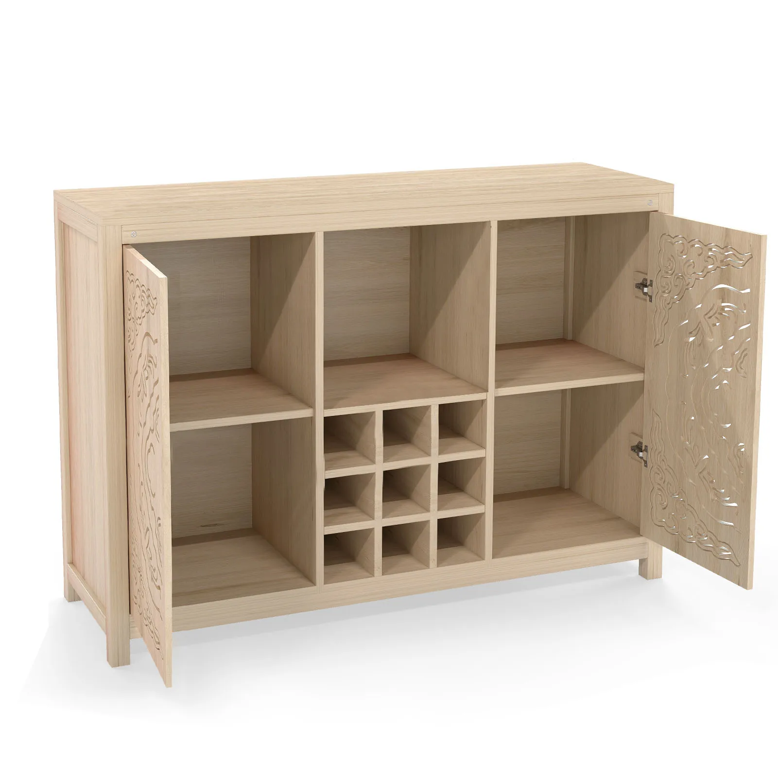 Armário de bar de vinho com 2 portas, buffet de mdf, armário de bebidas com rack de vinho e suporte de vidro para sala de jantar, cozinha