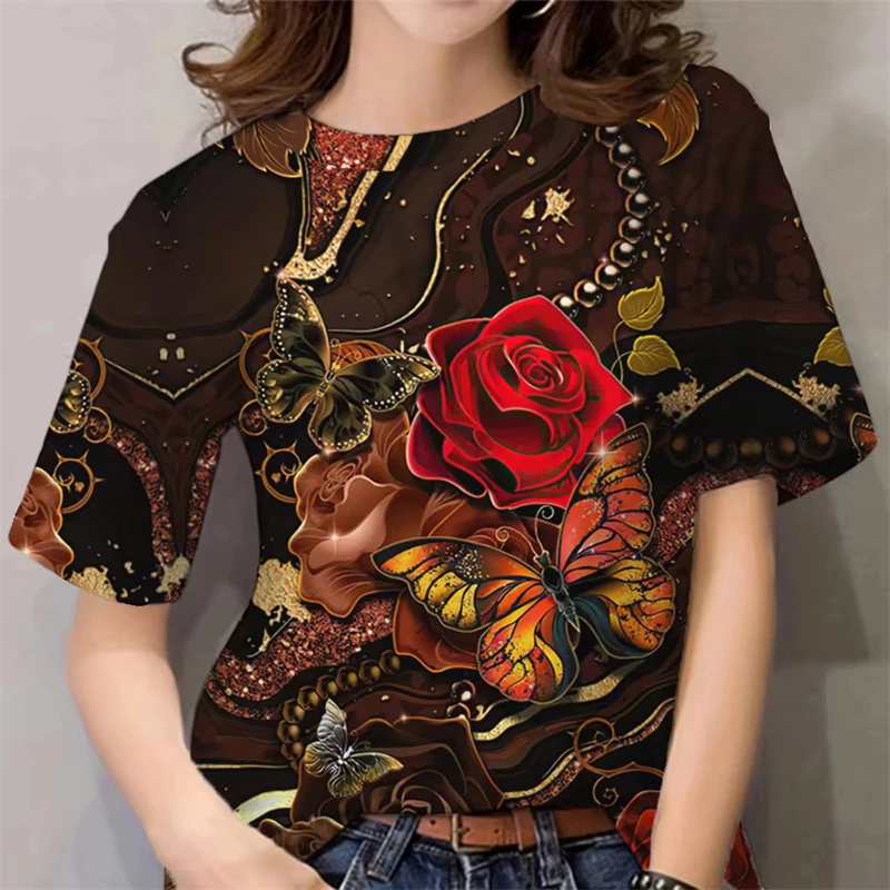 Novo design de luxo camiseta feminina senhoras 3d floral impressão harajuku y2k roupas femininas diário casual moda manga curta camisetas