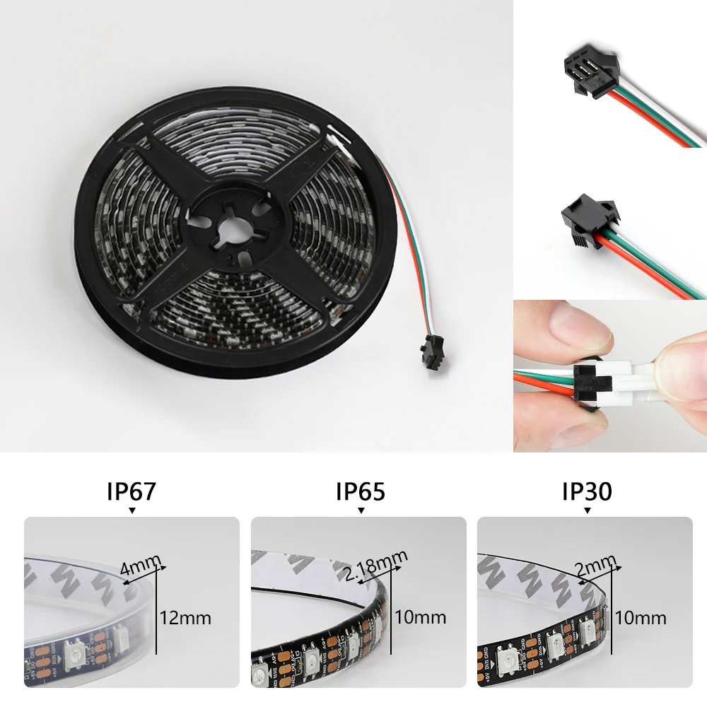 WS2812B LED-Licht DC5V Smart Pixel RGB LED-Streifenlicht individuell adressierbar IC IP30 IP65 IP67 Magic Tape Light Schwarz PCB