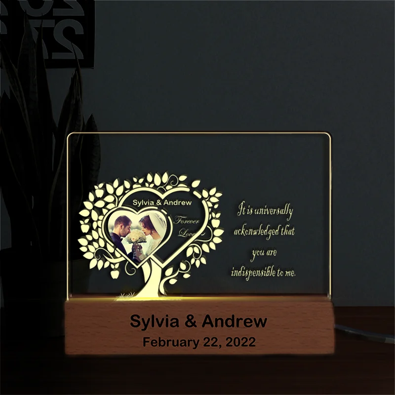 

Personalized Wooden Night Light Custom Wedding Photo Desktop Ornament Heart Tree Nordic Style Home Decor Lettering Acrylic Lamp