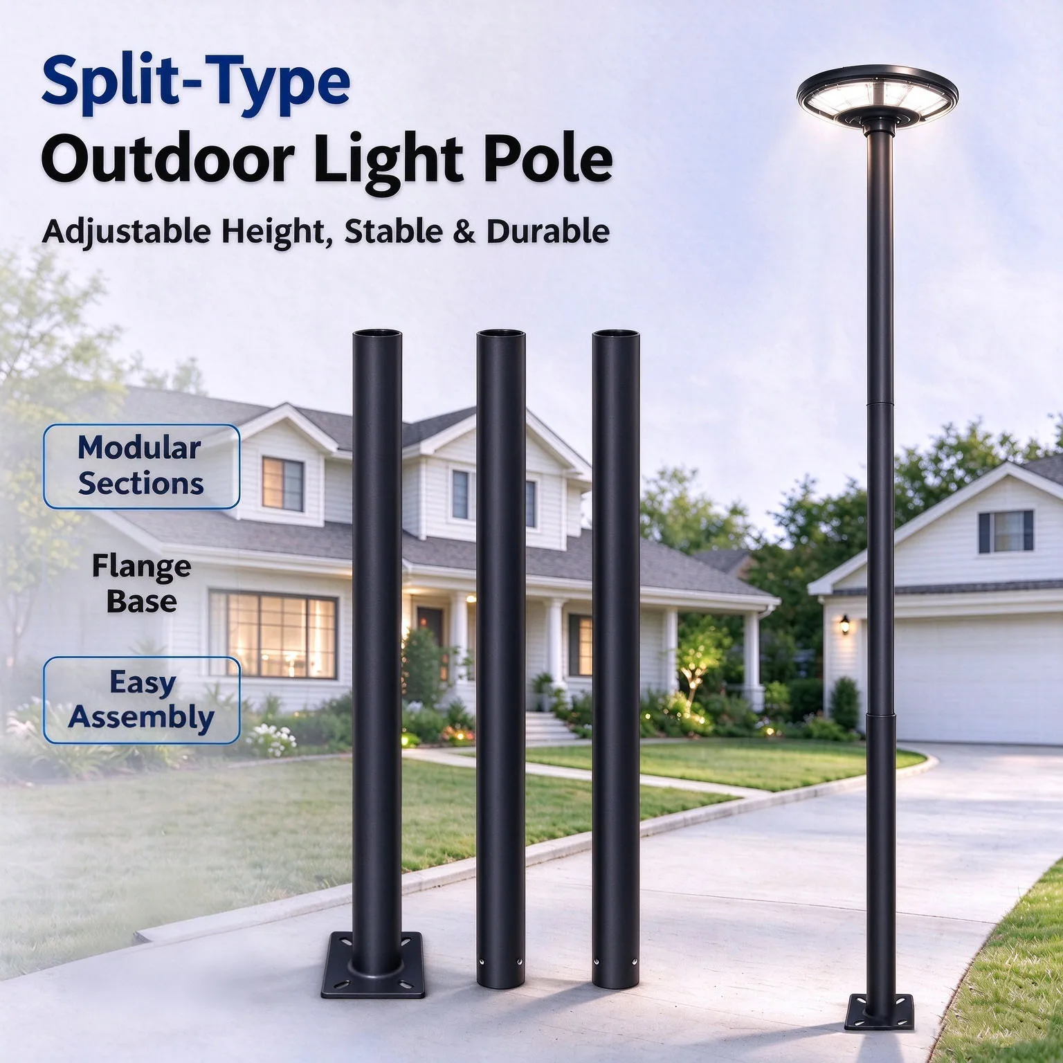 10 FT/13 FT Split Type Outdoor Light Pole Solar Light Poles Galvanized Steel Lamp Post Black Steel Easy Assembly for Garden Yard Courtyard