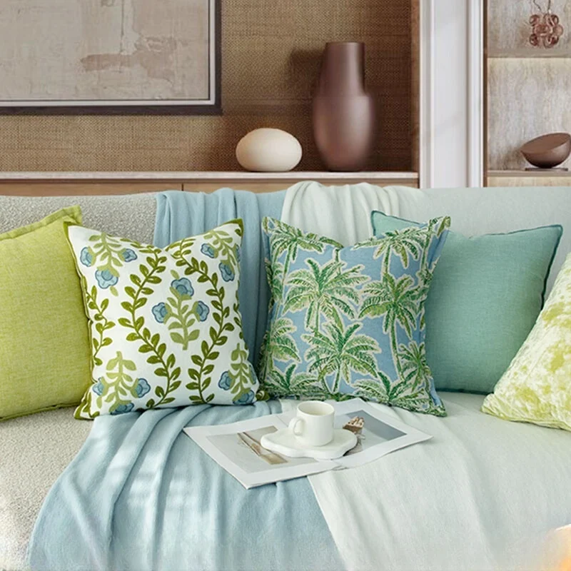 

Green Blue Pillows Coconut Tree Cushion Case Luxury Country Style Decorative Pillow Cover For Sofa Chair Home Decorations