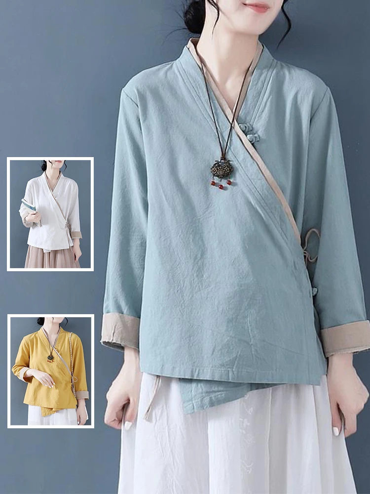 

Ретро V-Ne Long Sve Хлопково-льняное женское нижнее белье большого размера с модными пуговицами Осенний топ Повседневная одежда