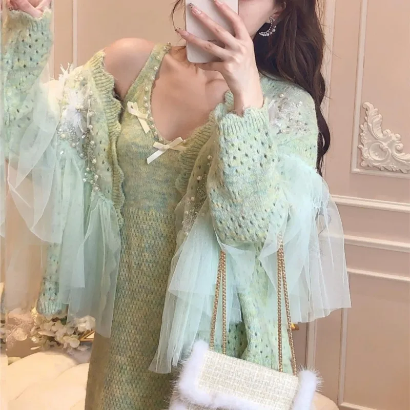 

Three-dimensional flower Mosaic mesh hollow coat halter skirt two-piece dress