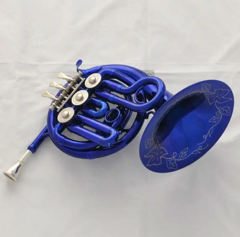 Hot sale Blue Piccolo MiNi French Horn Bb Key Pocket horn Engraving Bell New Case