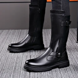 Extra Long And Elevated Men's Leather Riding Motorcycle Rider Zipper  Boots High Barrel High Top Plush Warm Shoes For Men