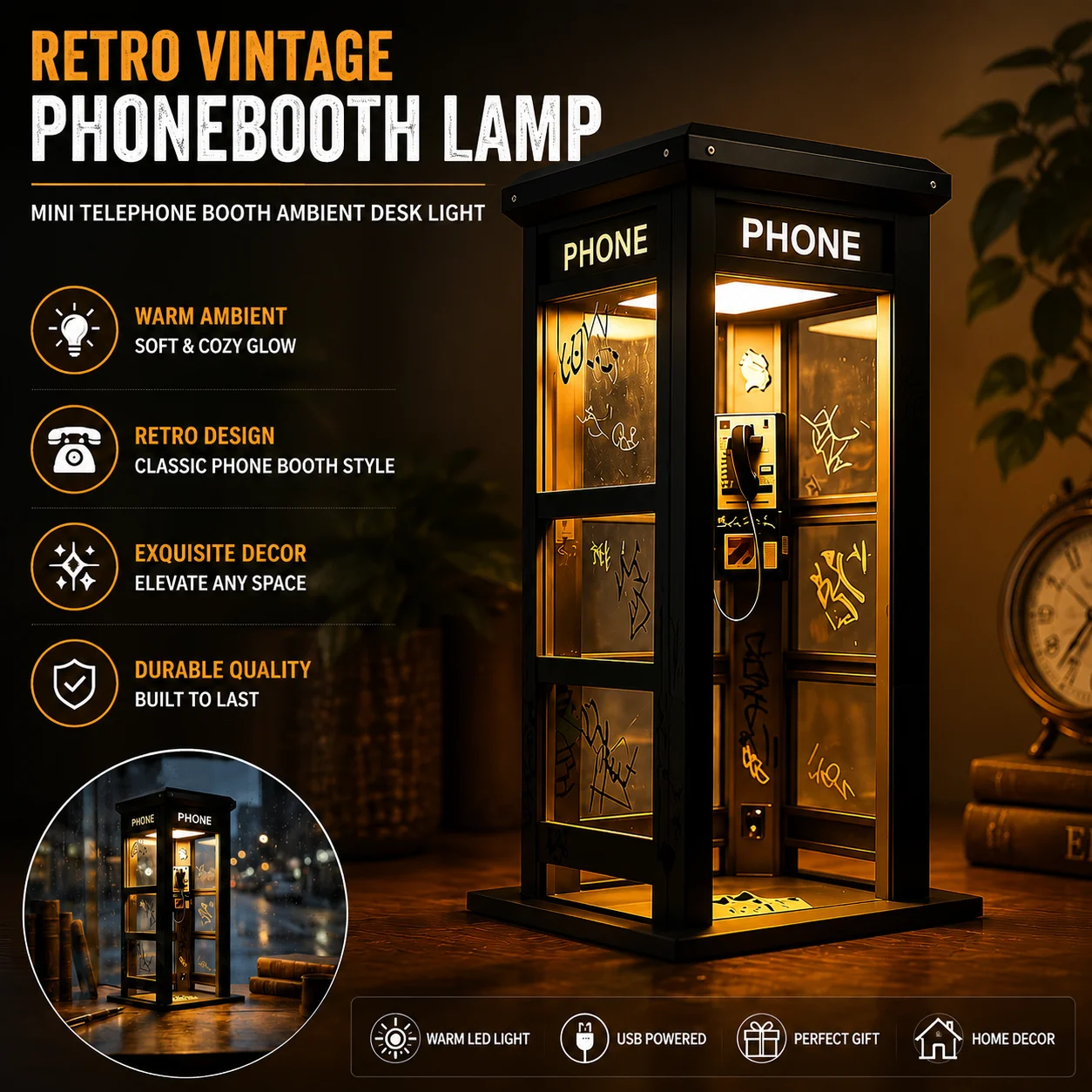 Retro Vintage Tall Telephone Lamp Mini Telephone Ambient Desk Light  Phone Box Decorative Night Light Home Decor