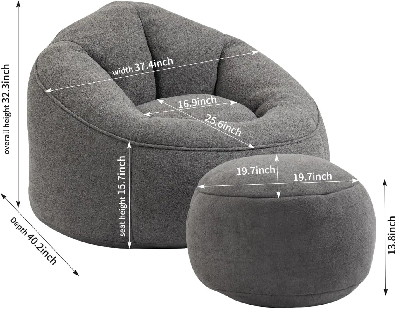 HMFULE Bean Bag Chair with Ottoman, Comfy Foam Sofa for Living Room or Bedroom, Modern Grey Accent Chair