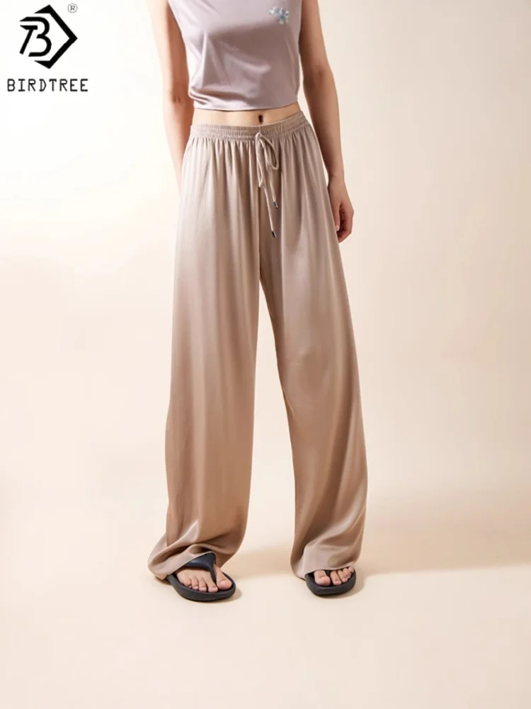 Birdtree, 19MM 93.8% Silk Straight Pants, Women's Satin Seamless Trousers, Drawstring, Elastic Waist, 2026 Autumn New P6O522JF