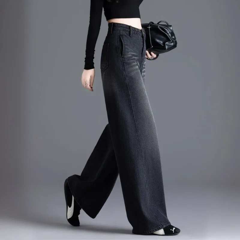 Nowe amerykańskie jeansy retro z polaru na jesień i zimę, z wysokim stanem, luźne, casualowe, wyszczuplające, proste, modne, uniwersalne spodnie z szerokimi nogawkami.