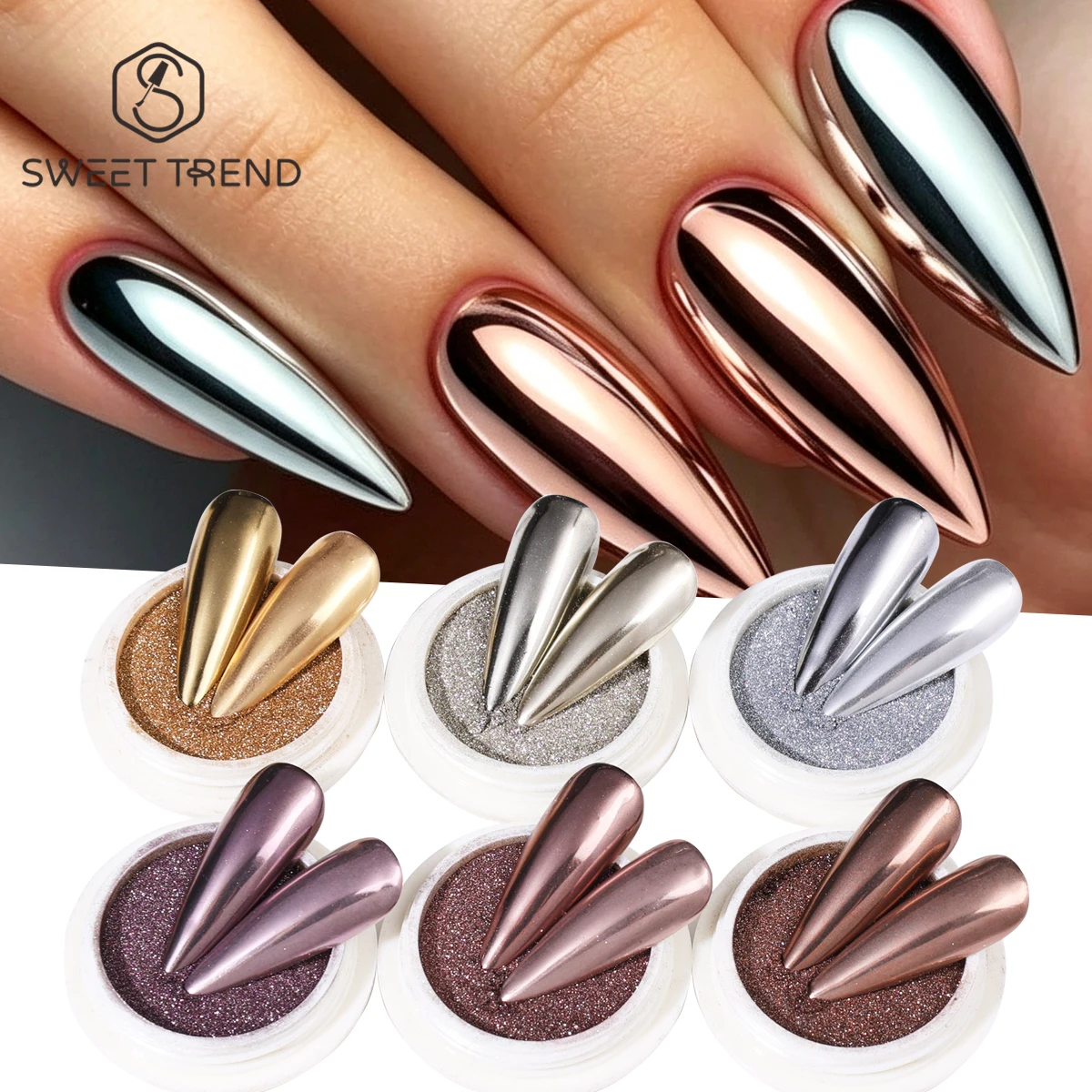 6 Colors Vintage Metallic Chrome Nail Glitter Powder Silver Champagne Mirror Pigment Glossy Rubbing Dust Japanese Manicure Decor