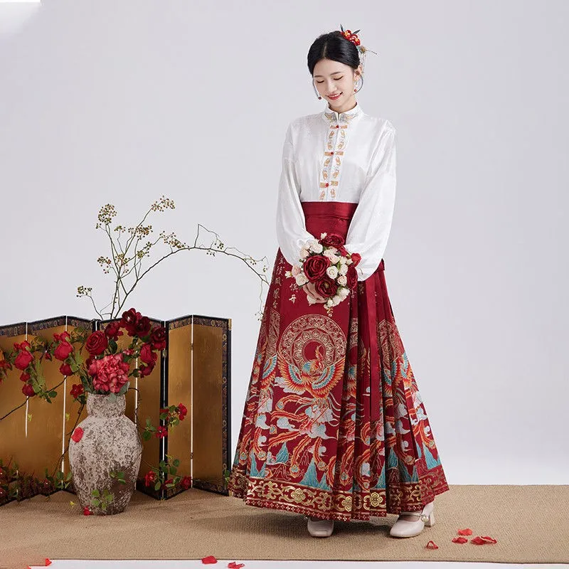 Modern Improve Hanfu Dresses For Women Vintage Chinese Mamian Robe Ming Dynasty Weaving Gold Makeup Flower Horse Face Skirt