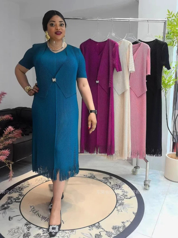 

2025 Summer New Fashion Solid Color Three-dimensional Printing Fringed Dress Miyake Versatile Pleated Long Dress Women Clothing