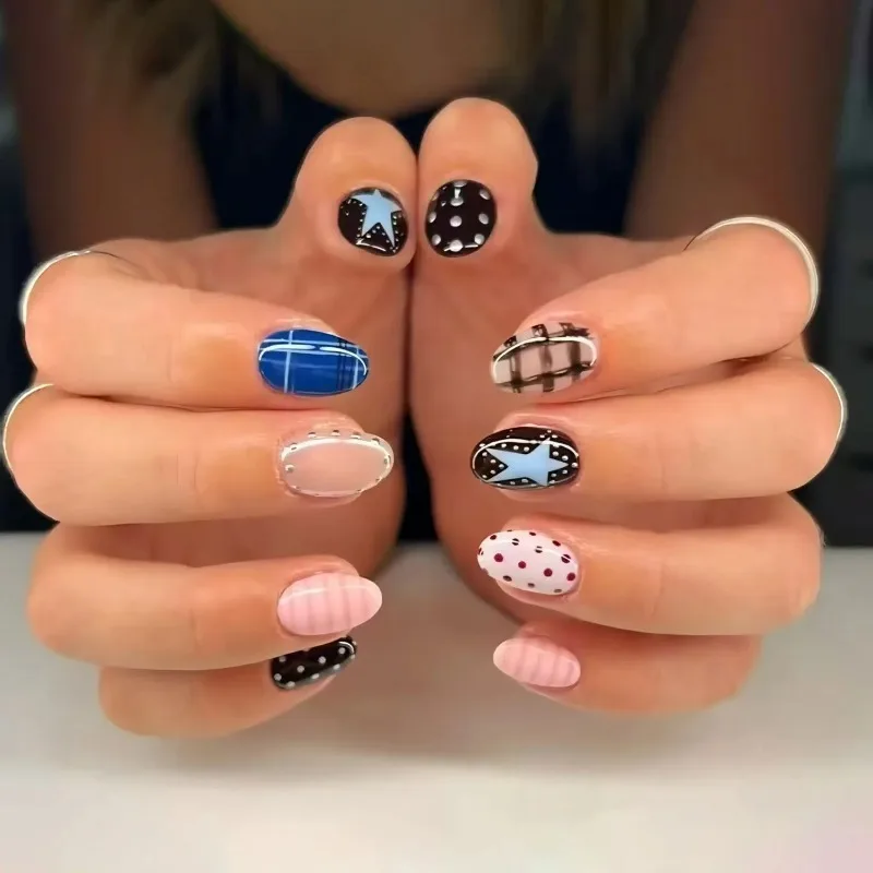

24PCS Polka Dots False Nails Sweet Cool Almond Press on Nails Autumn Winter Nail Art Stripe French Leopard Star Design Fake Nail